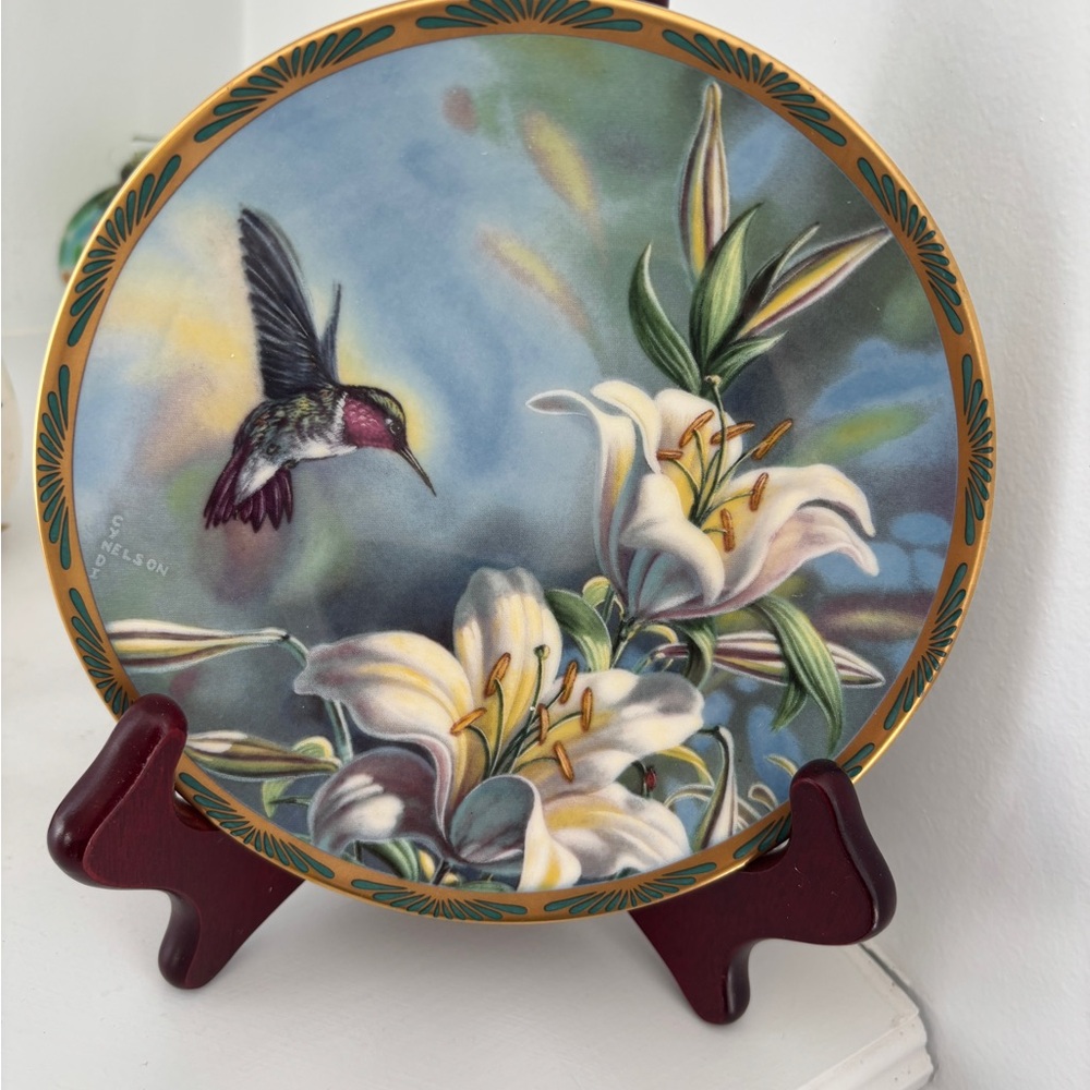 Decorative Plate with Hummingbird and Lilies